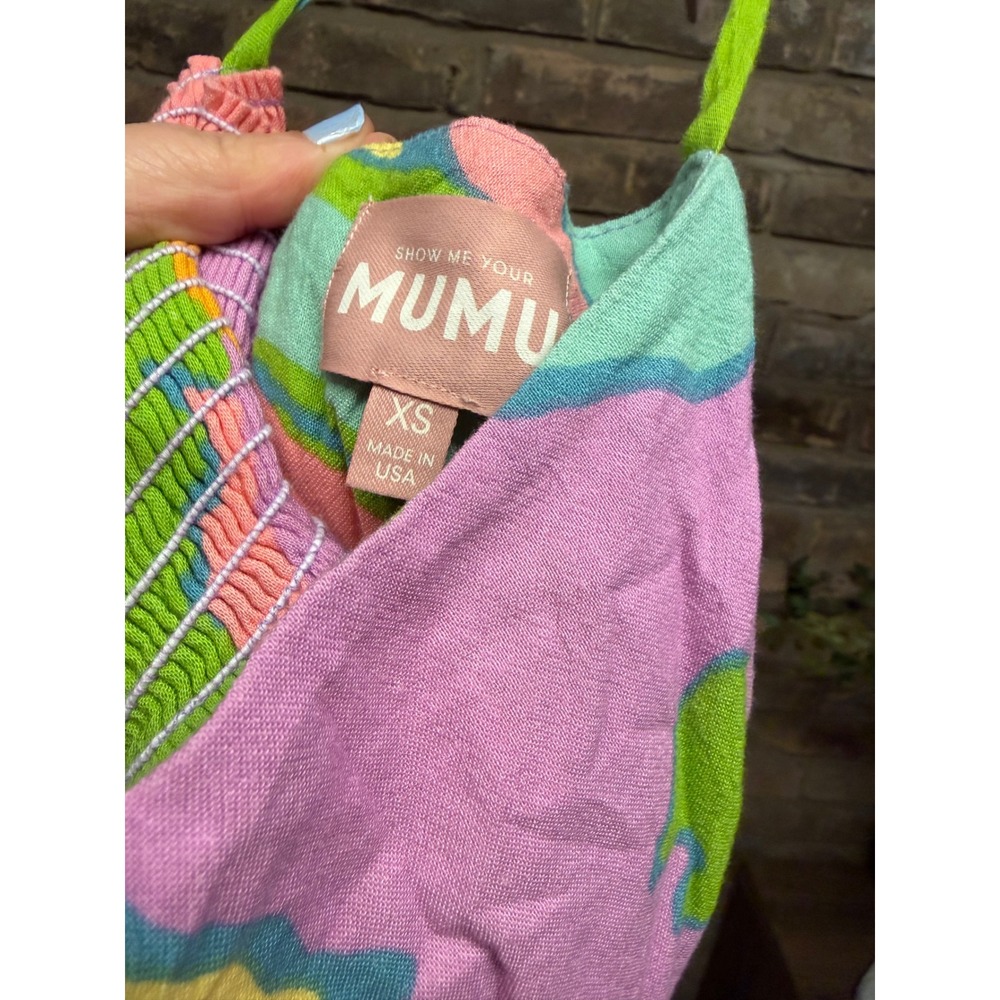 Show Me Your Mumu XS Mini Dress Multi Color Abstract Floral Tie Strap Smocked - Picture 2 of 5